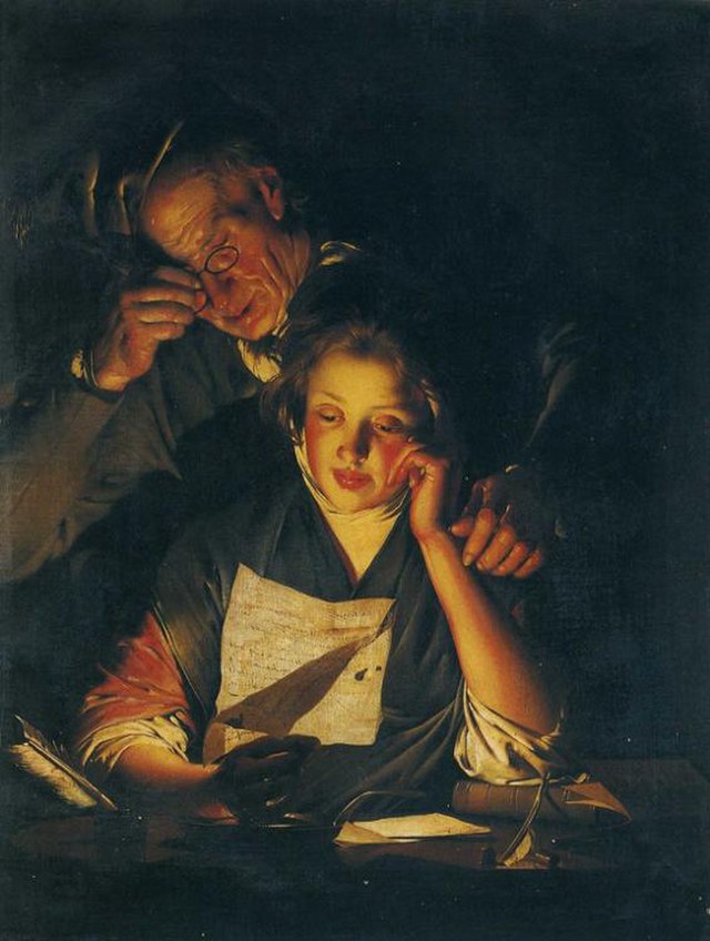 Joseph Wright of Derby: a girl reads a letter by candlelight.