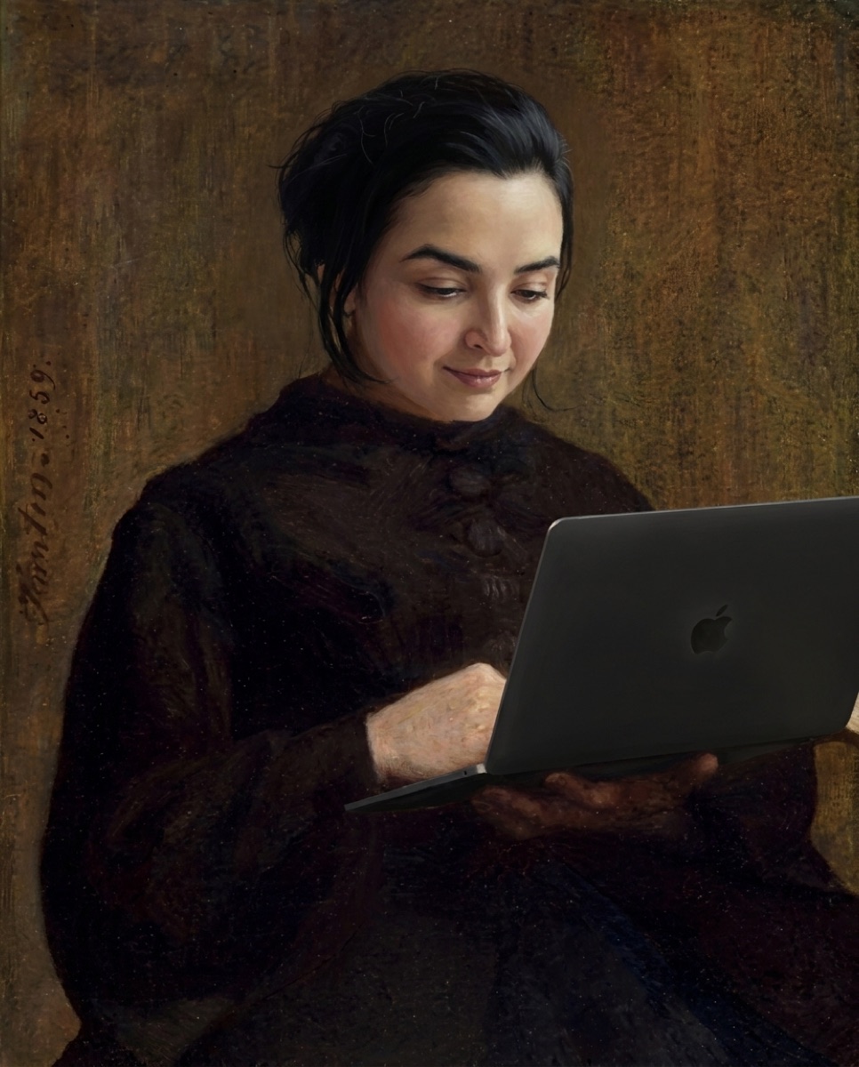 A portrait of Dr Kanwal Hassan in the manner of a nineteenth-century oil painting, working at a laptop by lamplight.