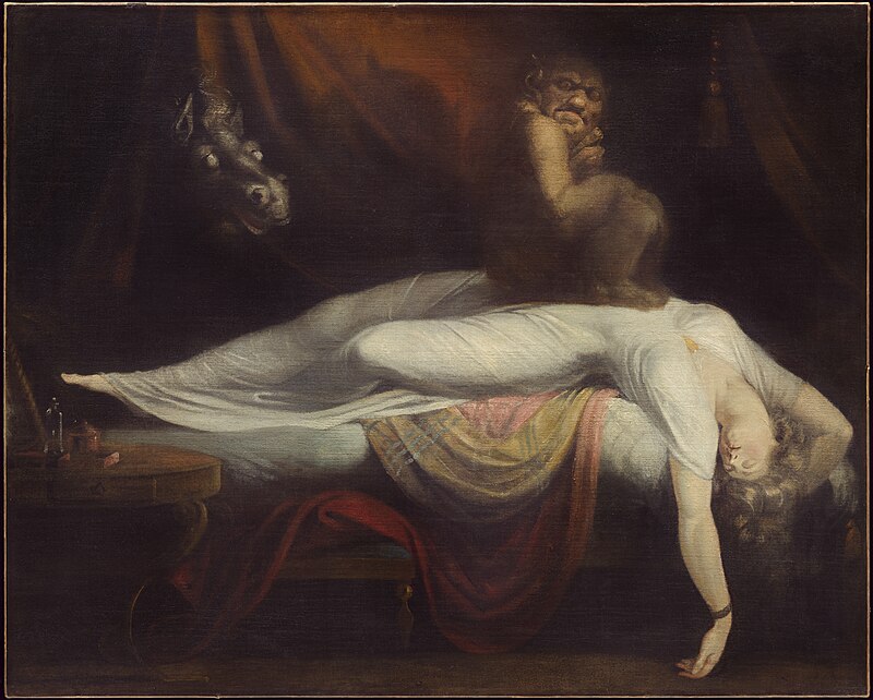 Füssli's The Nightmare: a demon crouches on a sleeping woman as a ghostly horse looms.