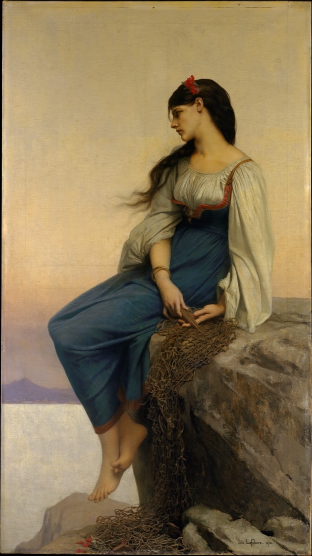 A woman seated on a rock above the sea.