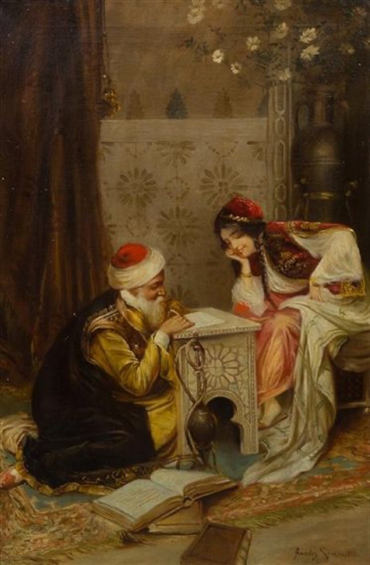 A group of figures gathered studiously around a large book.