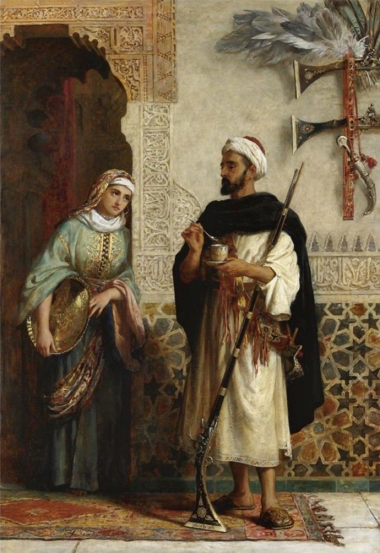 Two figures conversing in an ornate tiled corridor.