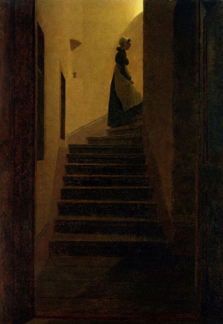 A dark staircase rising toward a distant lit figure.