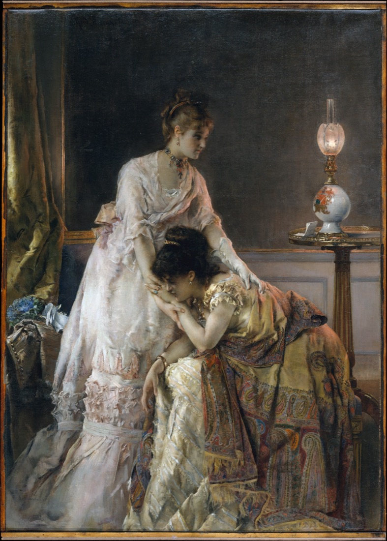 A lamplit painting of one figure attending to another.