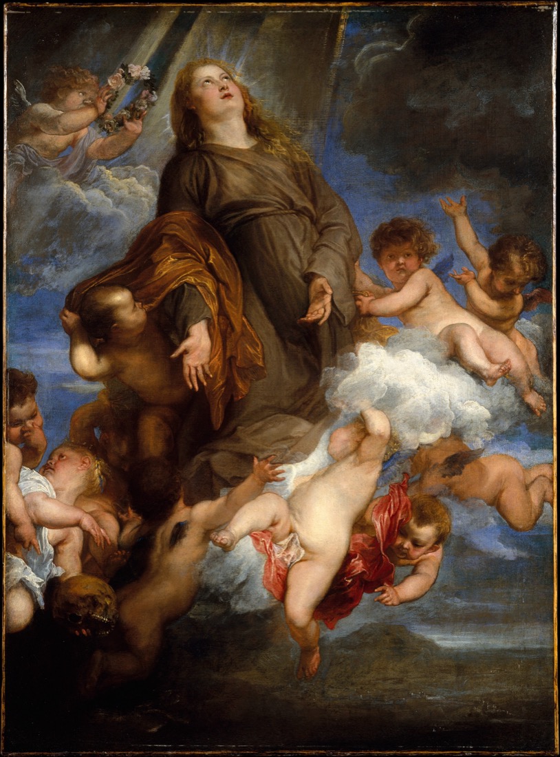 A crowded mythological scene of many figures amid clouds.