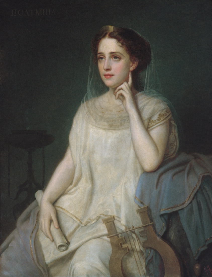 A painting of a woman seated in white, resting her chin on her hand in thought.