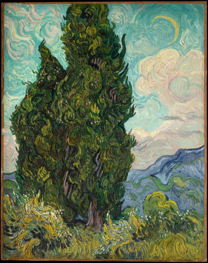 Van Gogh's swirling cypresses under a turbulent sky.