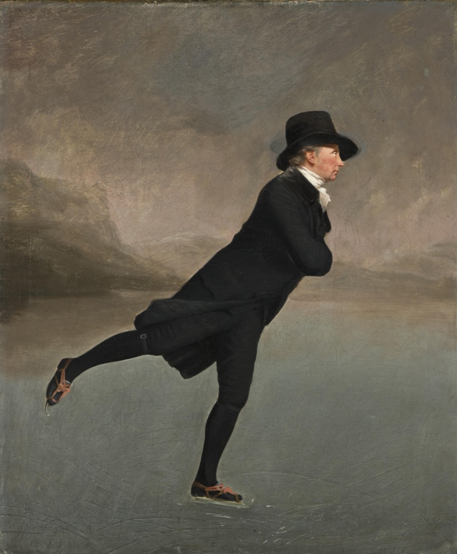 Raeburn's Skating Minister gliding effortlessly across dark ice.