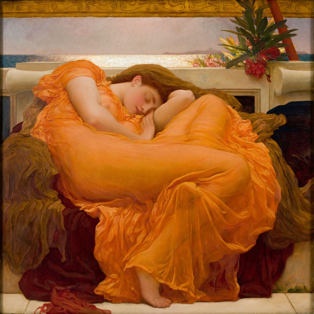 Leighton's Flaming June: a sleeping figure in flowing orange.