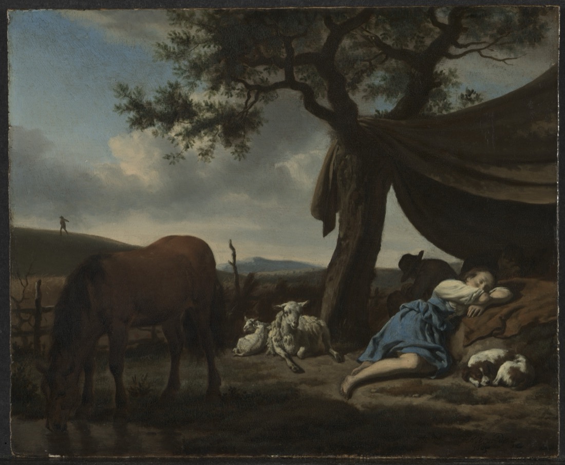 A dark pastoral scene with horses beneath heavy trees.