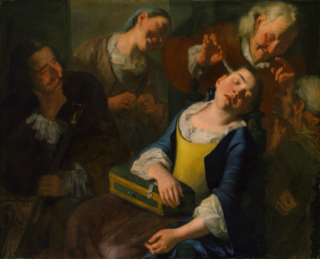 A painting of one figure leaning close to speak to another.