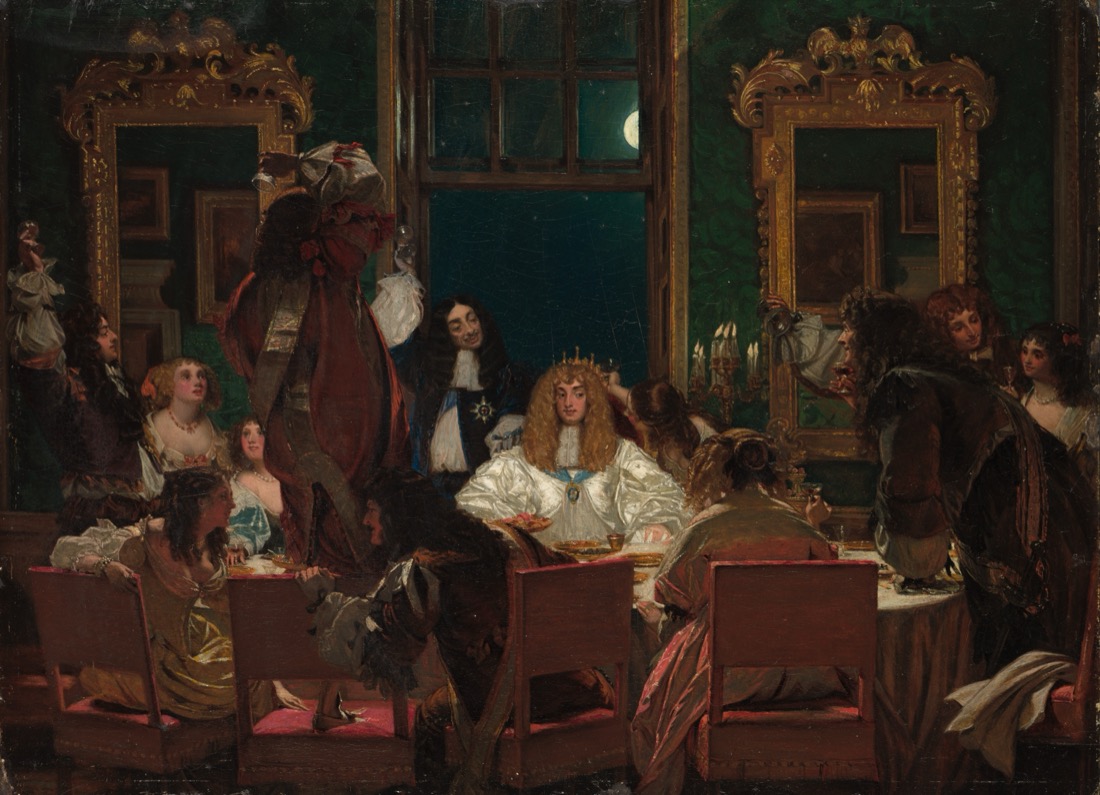 A candlelit interior with figures gathered around a table.