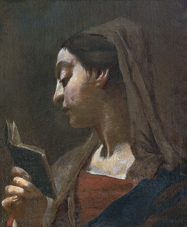 Capella's Madonna leggente, absorbed in a small book.