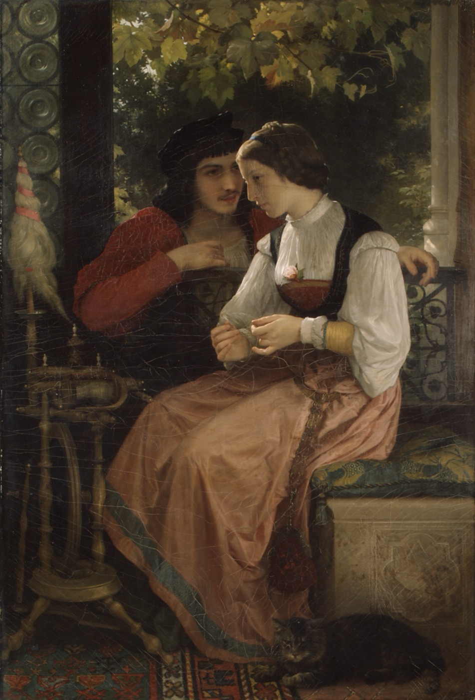 A painting of a man leaning in to murmur to a seated woman.